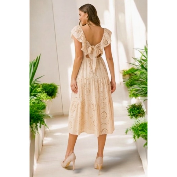 Flying Tomato Natural Beige Cotton Eyelet Midi Dress with Back Bow Tie - Picture 5 of 11